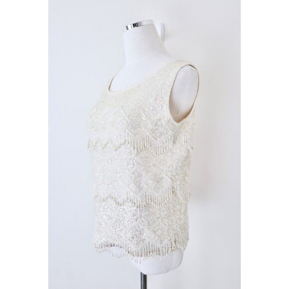 Vintage 1960s Mai Ling Beaded Shell Top Made In Hong Kong Sleeveless Cream - Picture 5 of 12